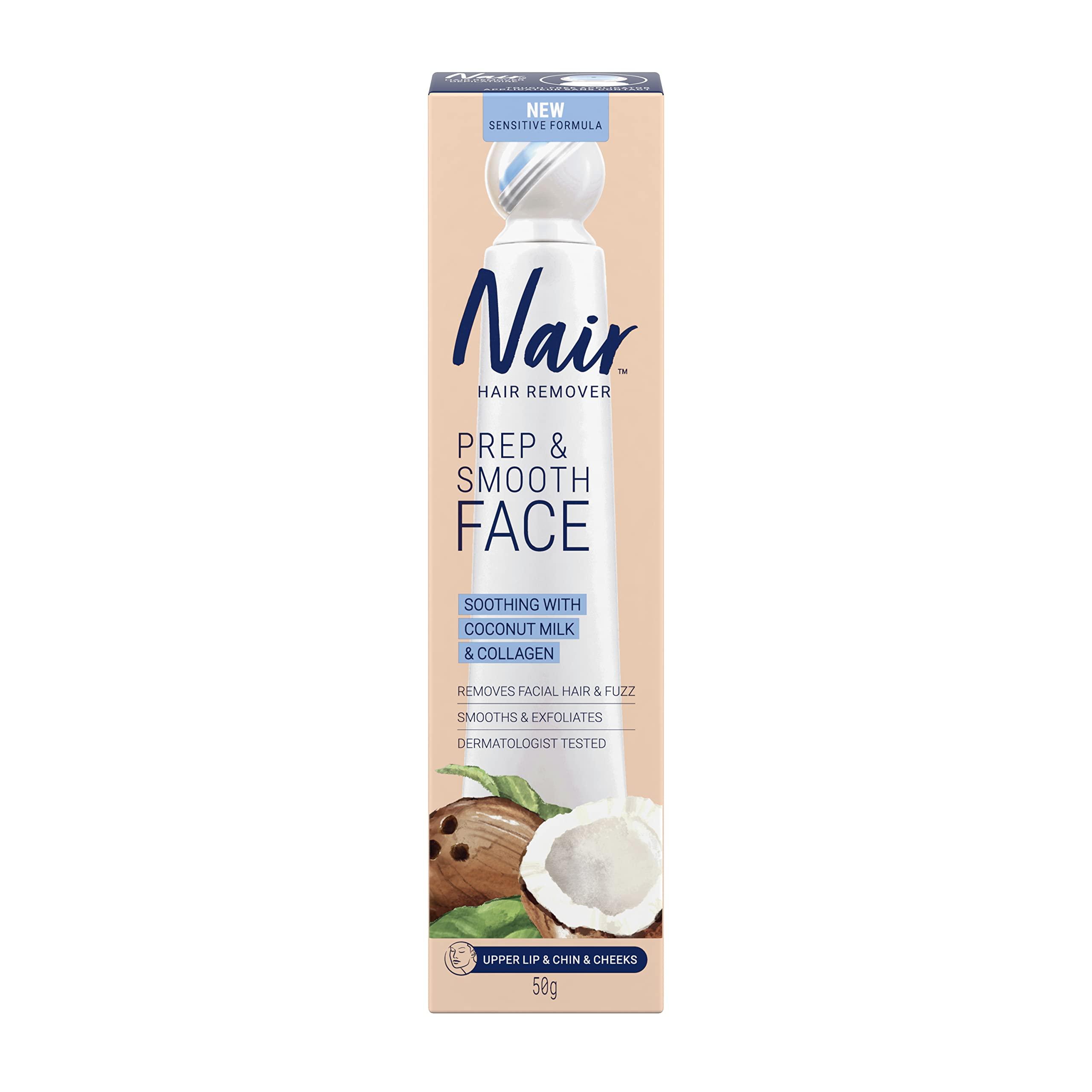 Nair Nair Sensitive Formula Prep & Smooth Face Hair Remover, Soothing with Coconut Milk & Collagen, Removes Facial Hair & Fuzz, Smooths & Exfoliates, Dermatologist Tested, 1.76 oz (Pack of 2)