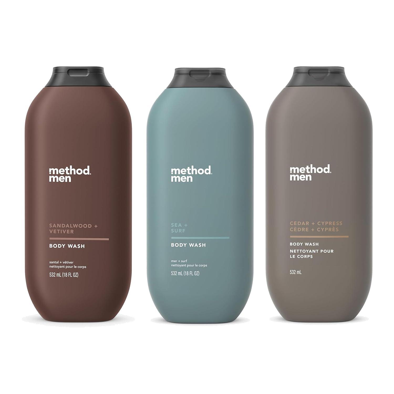 Method Method Men Body Wash Variety Pack - 3 Scents - Sandalwood + Vetive, Sea + Surf, Cedar + Cypress - 18 fl oz Each