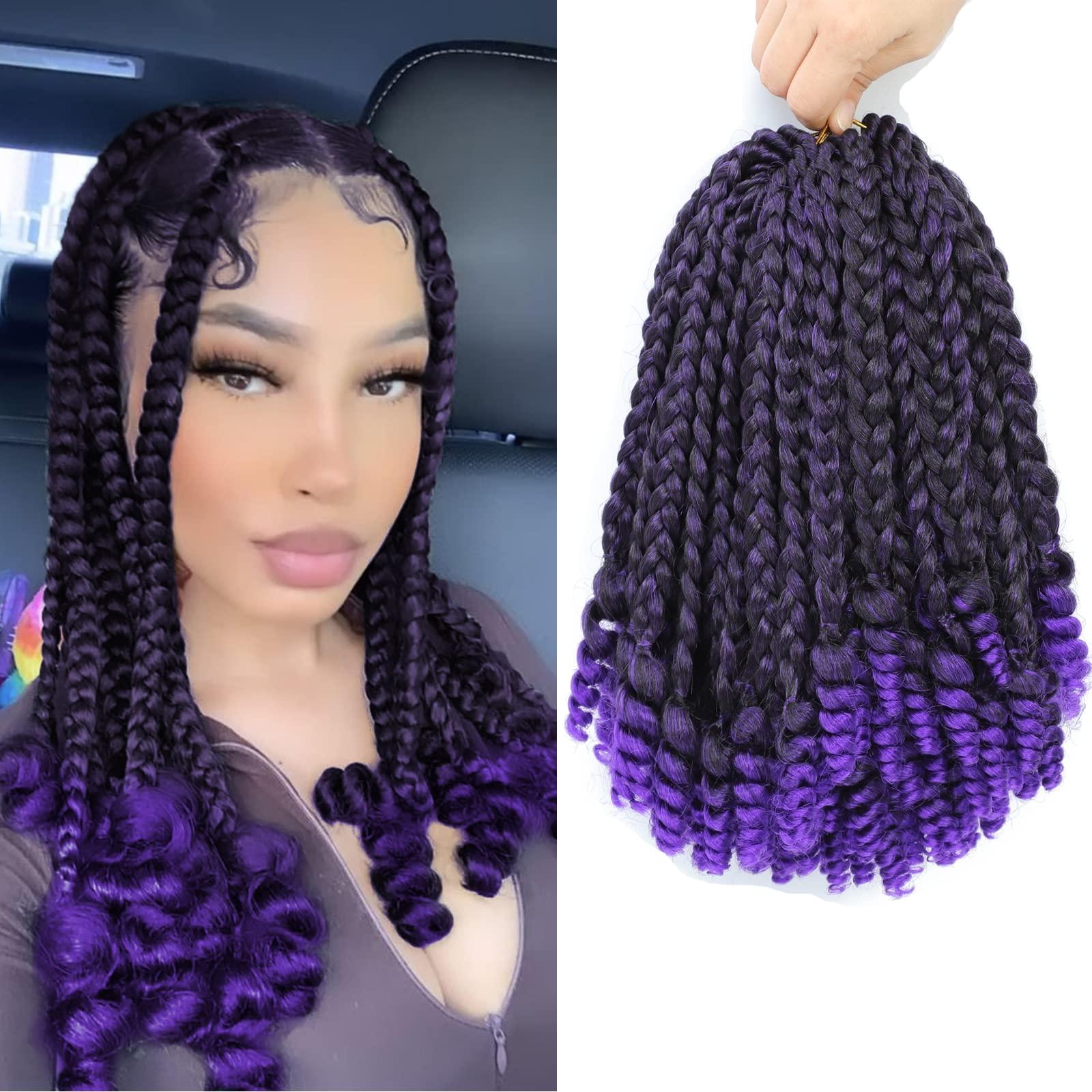 Alimiriam Purple Crochet Box Braids Curly Ends 10 inch 6 Packs Short Bob Box Braid Crochet Hair with Curly End Jumbo Crochet Braids Hair for KidsBlack Women(T1B/Purple#, 10\" 6 Packs)