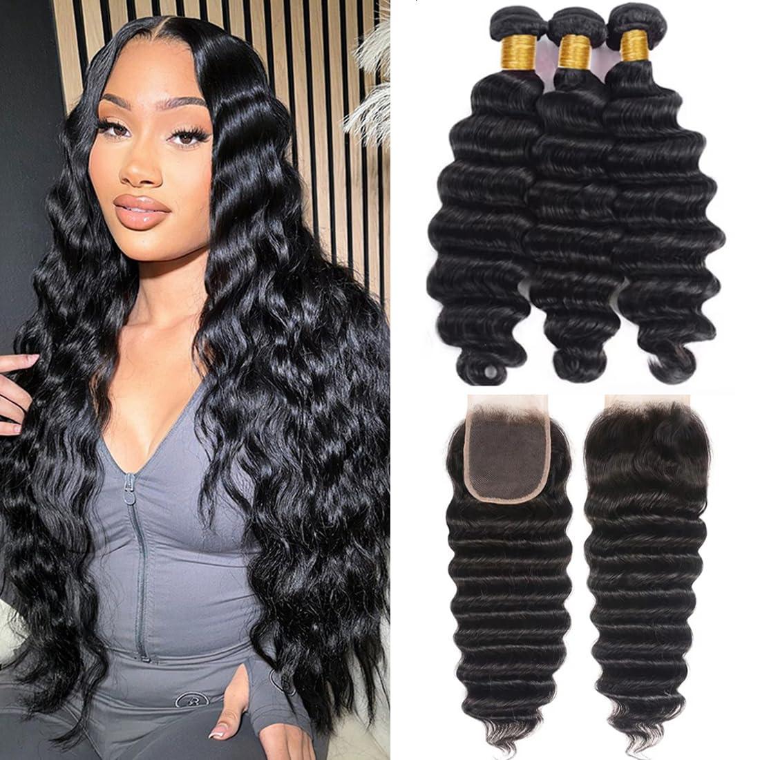 Taziza Loose Deep Wave Bundles with Closure Human Hair(24 26 28+22 Inch,Free Part) Pre Plucked with Baby Hair 12A Loose Wave Bundles with 4X4 Closure Raw Human Hair Loose Deep Curly Bundles and Closure