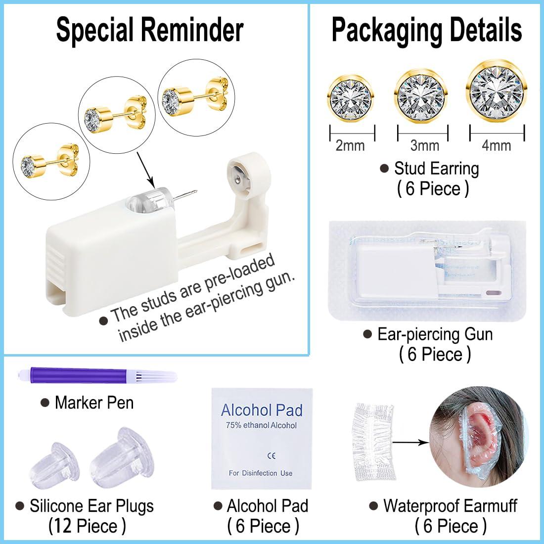 VitaCool VitaCool Ear Piercing Kit Disposable Ear Cartilage Piercing Gun Kit with Sterile Multi-sized CZ Studs Easy and Safe Earring Self Piercing Kit for Yourself Use at Home (Style C-CZ-2/3/4mm+)