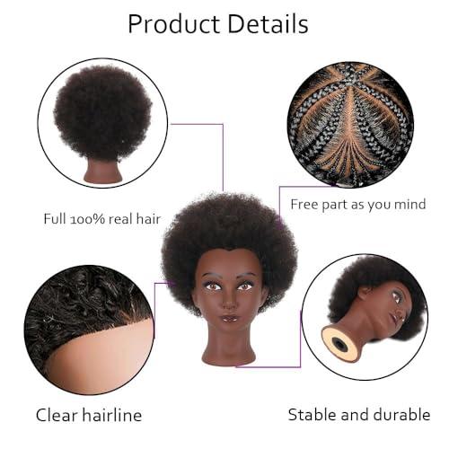 BaodanHair African Mannequin Head with 100% Human Hair Curly Cosmetology Manican Mannequins Heads with Stand for Display Practice Braiding Styling Training Head Hair Styling