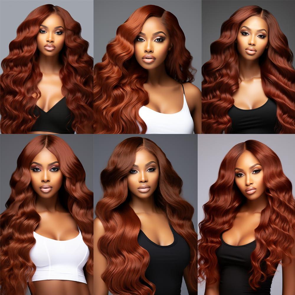 Yuksoocosh Color #33 Body Weave Bundles Human Hair Reddish Brown Body Wave Bundles Auburn Human Hair Double Weft Brazilian Remy Hair Weave Extensions Wet and Wavy Silky Soft for Black Women(20 22 24 Inch)