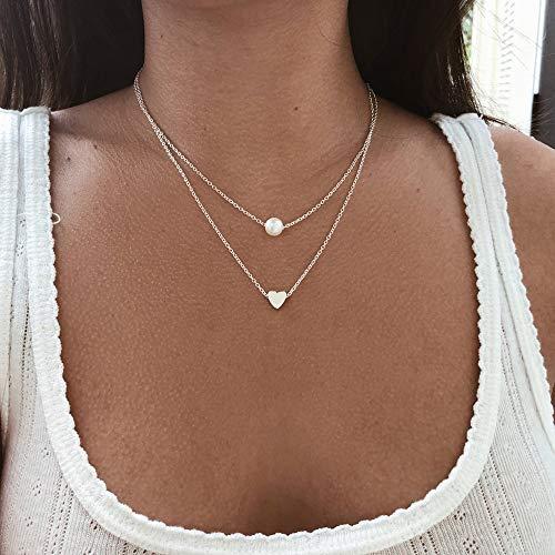 Doubnine Doubnine Danity Layered Necklace Simulated Pearl Heart Silver Women Simple Everyday Fashion Jewelry