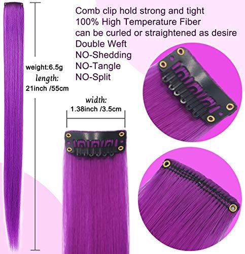 Rhyme Rhyme 9PCS 21" Colored Clip in Hair Extensions Purple Hair Extensions for Kids Girls Clip in Purple Hair Clips Hair Extensions for Kids Party Highlights Purple hair (Purple)