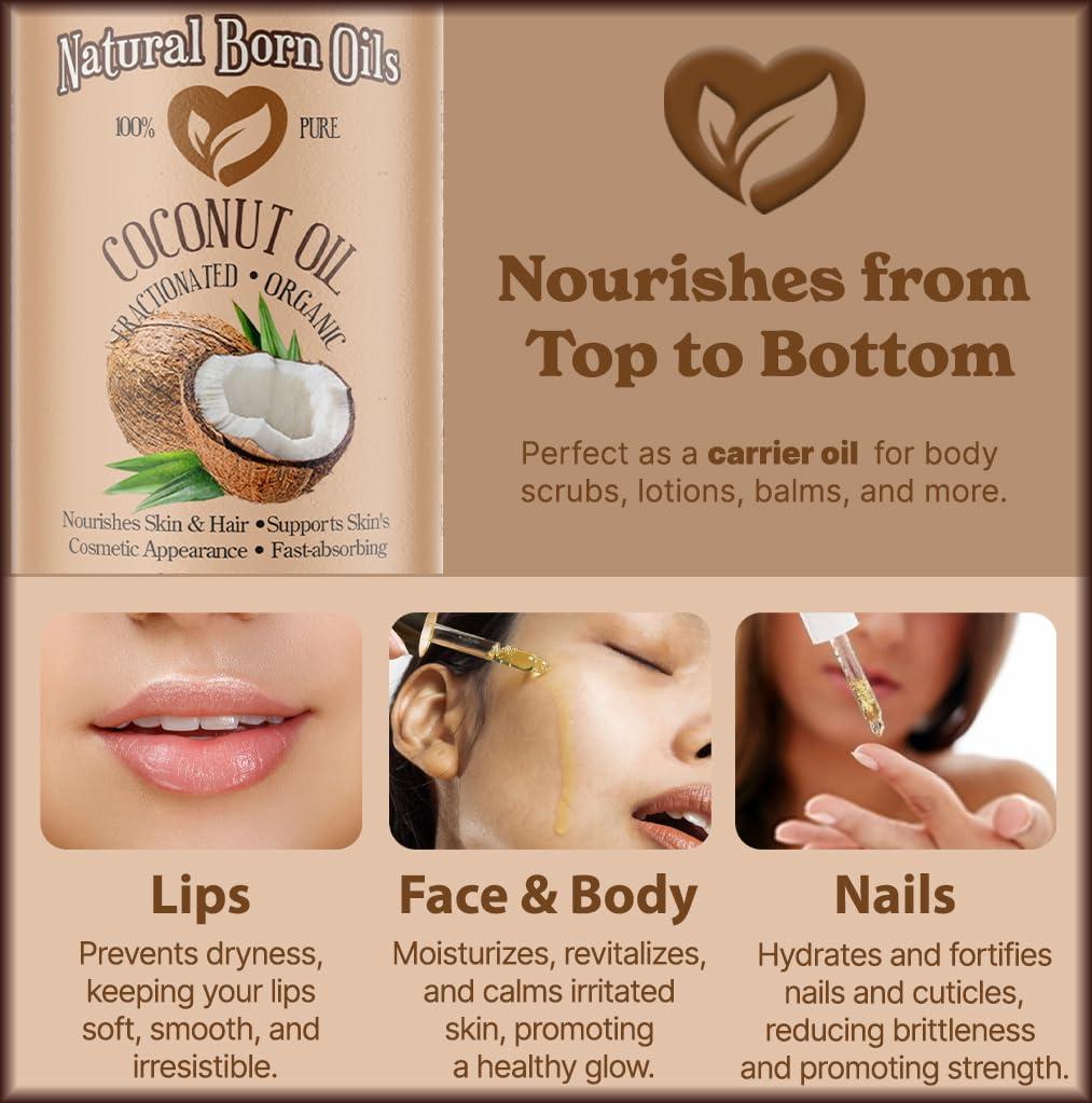 Natural Born Oils Coconut Oil Fractionated, 1 Gallon, Organic, Cold-Pressed, Carrier Oil, Fast-Absorbing, Deep Skin Care, Hair Health, Natural Born Oils.