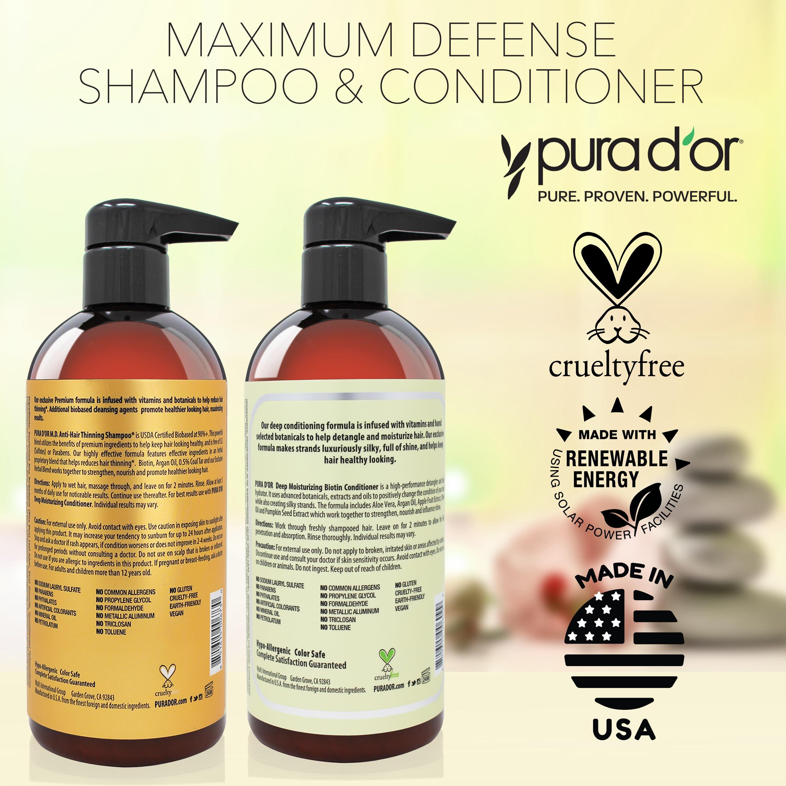 PURA D'OR PURA D\'OR MD Anti-Thinning Biotin Shampoo & Conditioner Set (16oz x2) Maximum Defense Coal-Tar Strong Scented DHT Blocker Hair Thickening Products For Women & Men, Daily Shampoo For Scalp Health