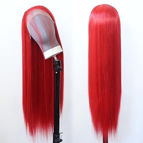 zigzag hair zigzag hair Red Wig Long Straight Bright Red Synthetic Lace Front Wigs Pre Plucked with Natural Hairline for Fashion Women Heat Resistant Hair Red Glueless Synthetic Lace Wig (Bright Red)