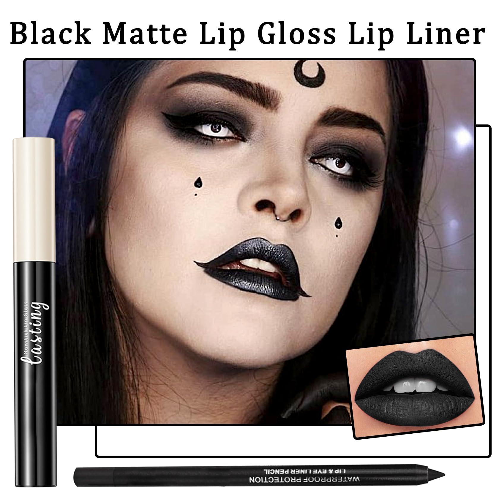 LingHaoLH 2PCS Black Matte Lip Liner and Lipstick Set,High Pigmented Black Liquid Lipstick and Lip Liner Set,Long Lasting Waterproof Black Lipgloss Liner Set for Goth Christmas Halloween Cosplay Makeup