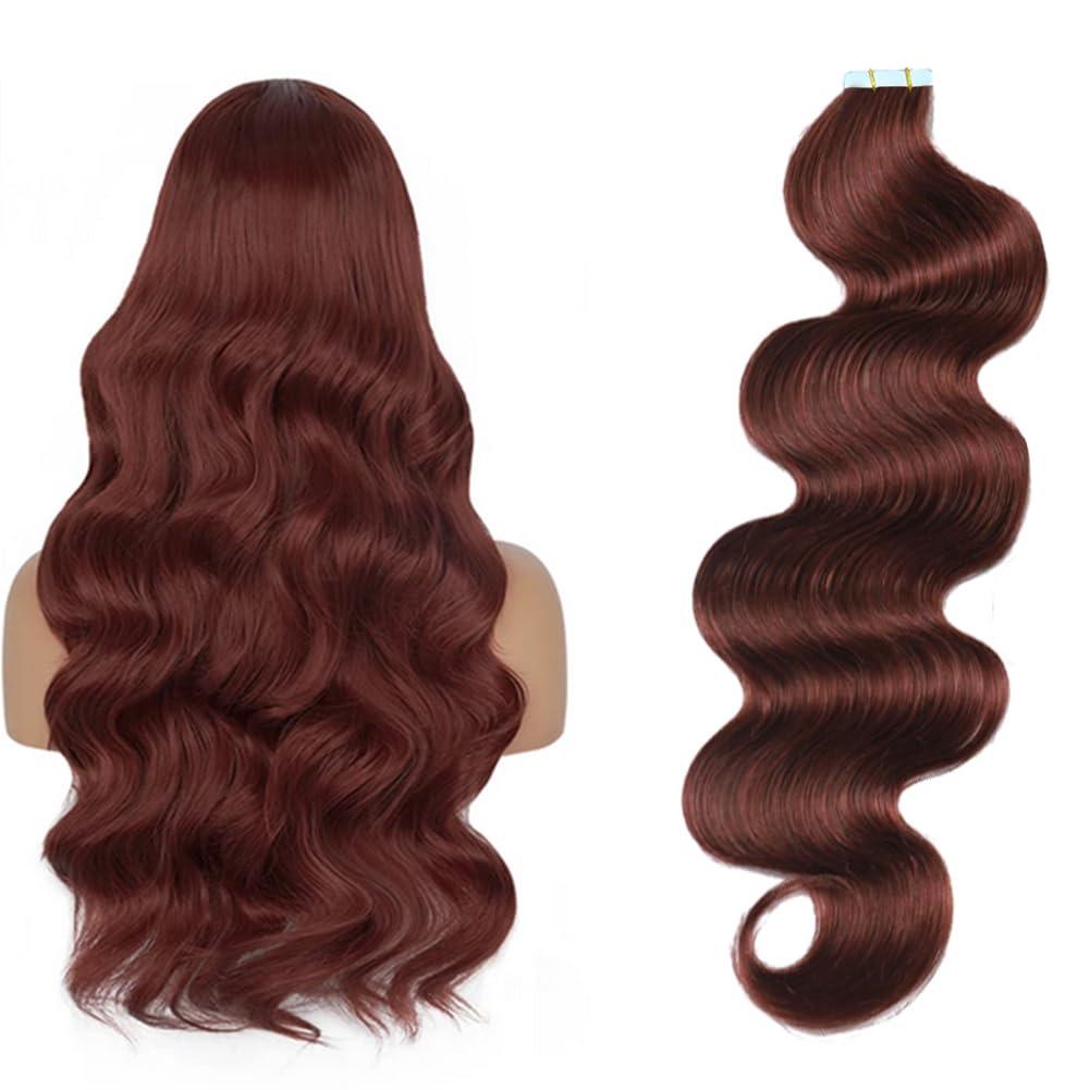 Kiss darling LASHES Body Wave on Hair Extensions Real Human Hair #33 Dark Auburn Human HairExtensions Long Wavy Invisible Double Sided Reusable PU Skin Weft 100g/40pcs Full Head 26inch