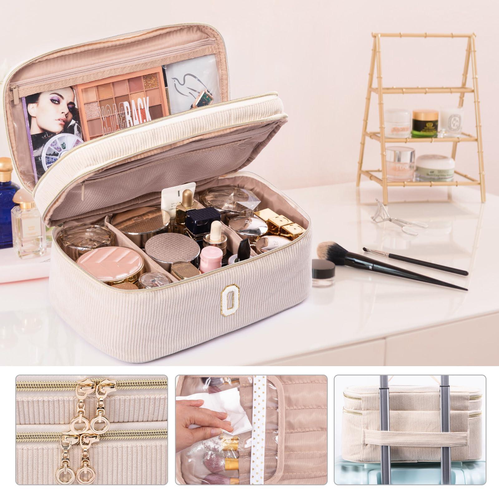 AMOIGEE AMOIGEE Initial Makeup Bag Organizer,Personalized Double Layer Train Case, Travel Toiletry Bag for Makeup Brushes for Teens Girl, Skincare Gift Set, Initial Cute Cosmetic Make Up Bag for Women