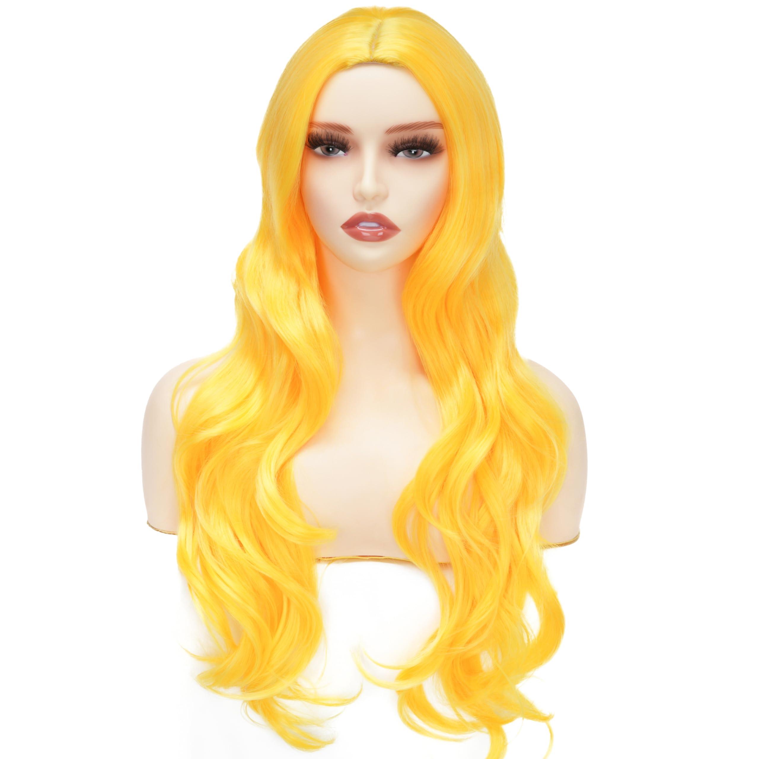Daiaces Long Yellow Curly Wavy Wigs for Women Side Part Natural Synthetic Heat Resistant for Daily Use Halloween Cosplay Wig