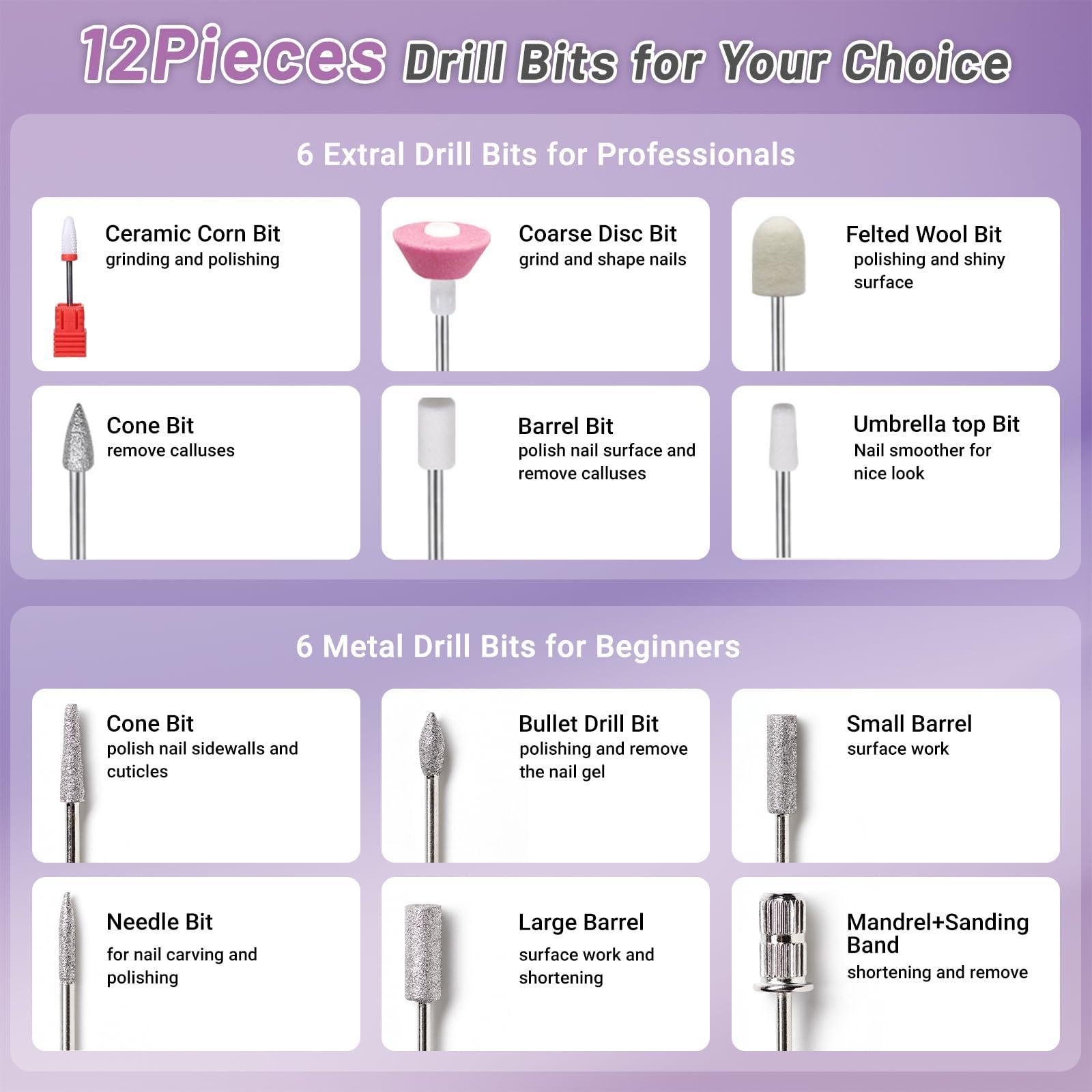 yomanta Yomanta Electric Nail Drill Professional Kit: 35,000 RPM USB Rechargeable Efile Nail Drill Nail File with 12 Bits for Polishing Gel/Acrylic Nails- Portable Manicure Tool Set for Salon/Home-Purple