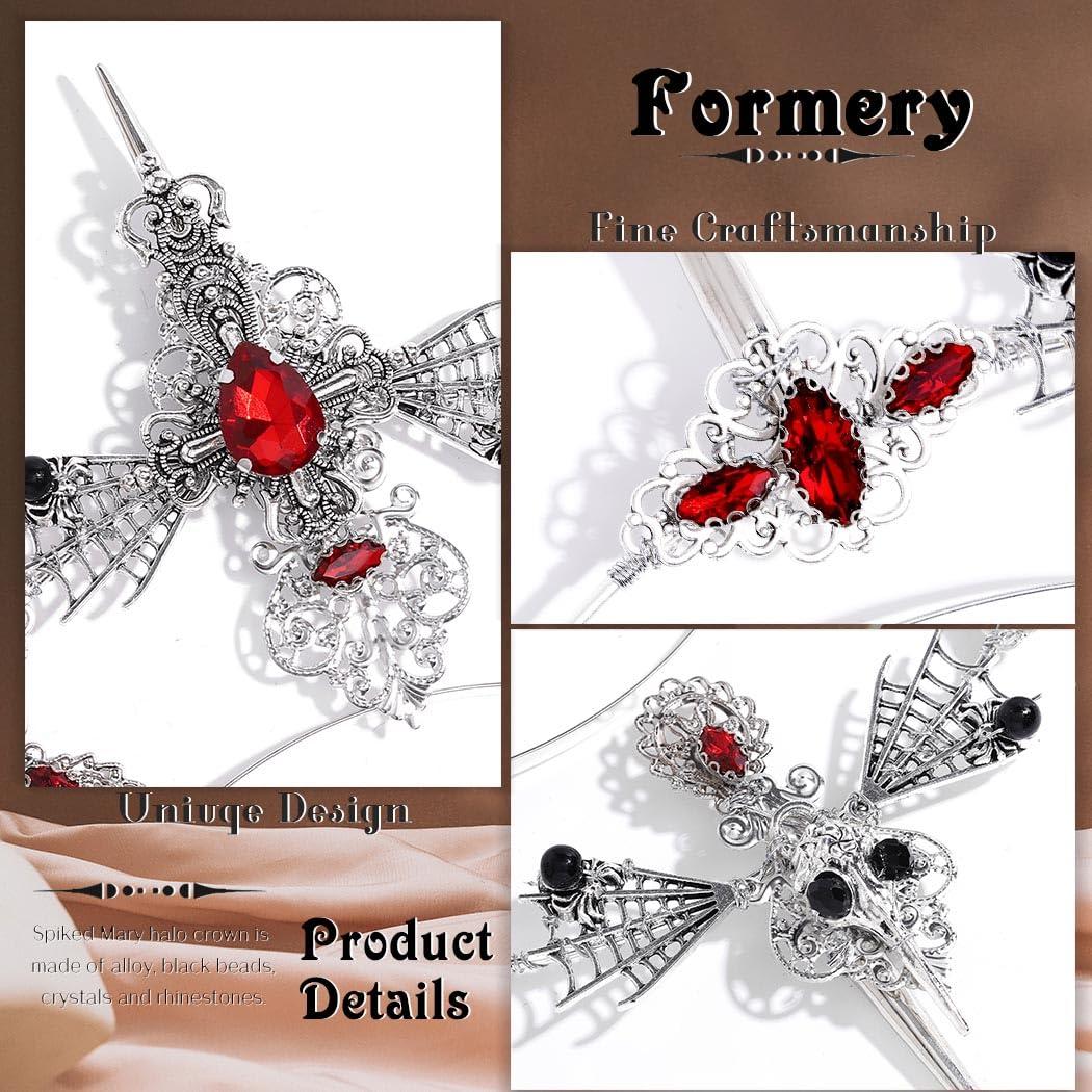 Formery Formery Spiked Halo Crown Silver Rhinestones Spider Halo Headpiece Halloween Festival Photo-shoot Crow Cross Halo Headband for Women and Girls