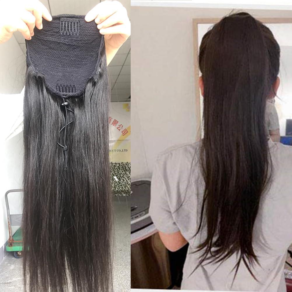 Kiss darling LASHES Drawstring Ponytail Straight Human Hair Clip in Hair Extension 28inch 150g Natural Black 100% Brazilian Human Hair Ponytails Hair Piece for Women Full Thick Ponytail