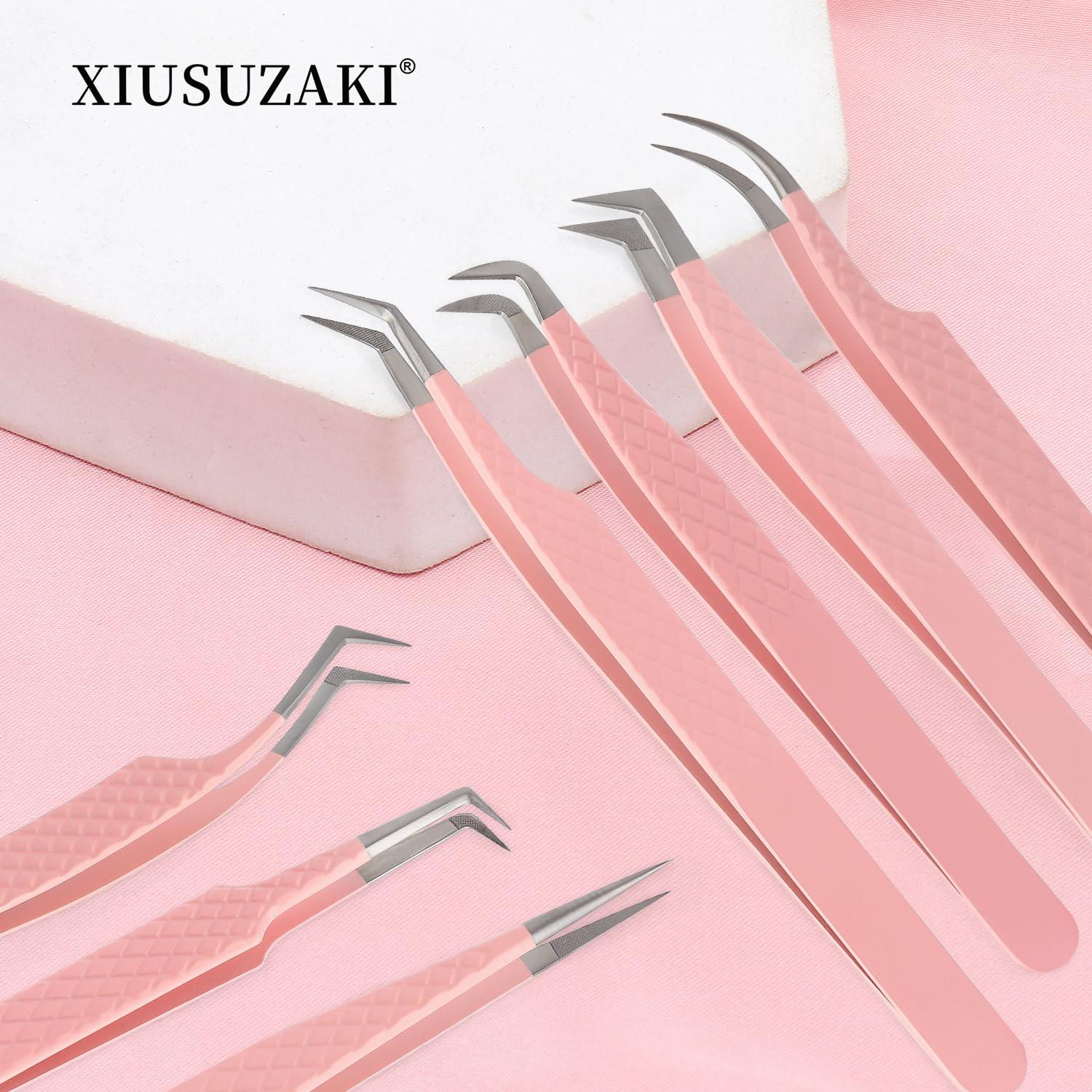 XIUSUZAKI Lash Tweezers For Eyelash Extensions Fiber Tip Lash Tweezers Pink Straight/Curved Lash Extension Tweezers Eyelash Tweezers Professional Tweezers For Lash Extensions(Pink,X07)