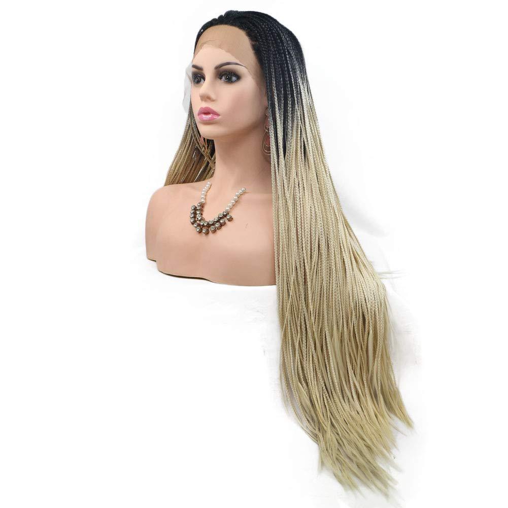 Kalisa Ombre Blonde Wigs Long Braids Lace Front Wigs Synthetic Braided Hairstyle Black to Blonde Color Braided Wigs Hand Tied Heat Resistant Fiber Wigs with Baby Hair