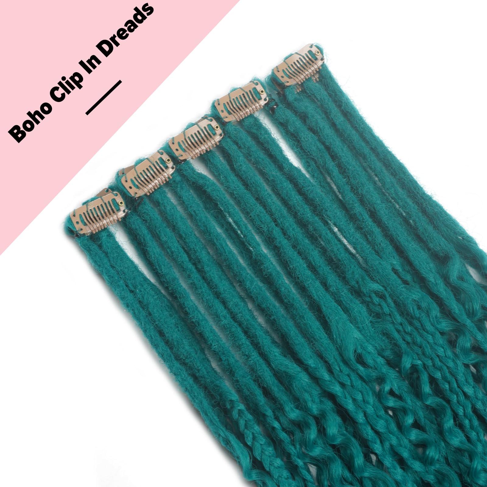 Kyriena Kyriena 24 inch 5PCS Boho Dreadlock Extensions Clip In, 5 Clips with 15 Strands SE Curly Dreads with Box Braid Castleton Green Synthetic Crochet Bohemian Styles Dreads for Woman