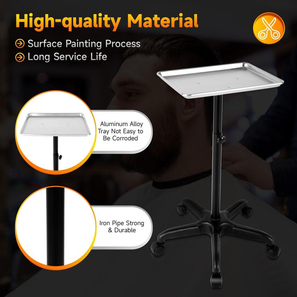 Gosangom Salon Tool Tray, Salon Tray Rolling Cart, Tattoo Table Tray, Mobile Beauty Cart, Adjustable Height Multi-Purpose Tray Cart, Premium Aluminum. (Silver)