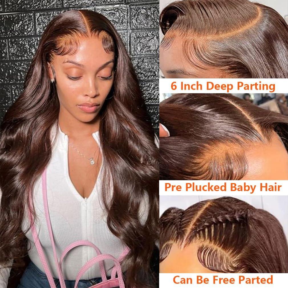 Fongly 26 Inch Chocolate brown Lace Front Wig Human Hair 13x6 HD Transparent Body Wave Lace Front Wigs Human Hair Pre Plucked Glueless Frontal Brown Wig Human Hair 200% Density Colored #4 Human Hair Wigs