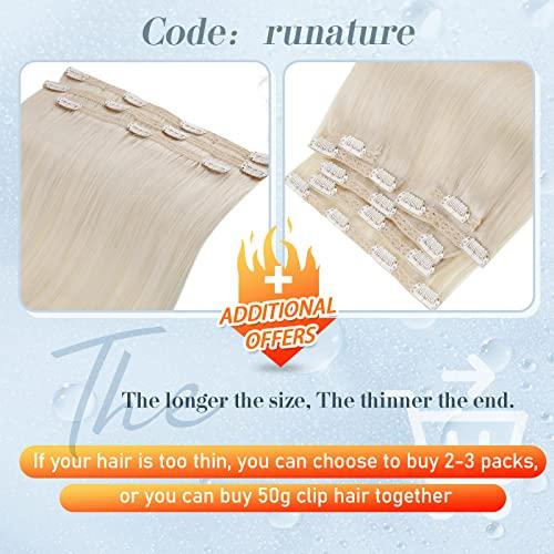 RUNATURE Blonde Hair Extensions Clip in Human Hair Highlighted Platinum Blonde Real Clip in Human Hair Extensions #18P60 and #60 14 Inch 105g