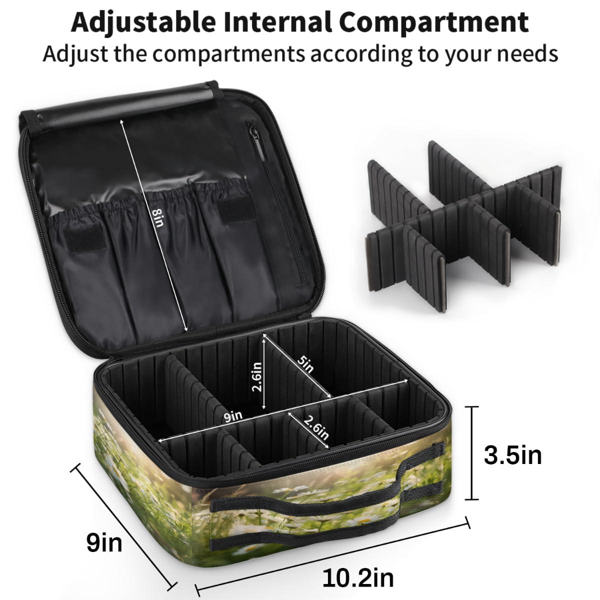 Funky Qiu Funky Qiu Daisy Flower Field Travel Makeup Train Case Makeup Comestic Bag Organizer Portable Artist Comestic Brush Organizer with Adjustable Dividers for Woman Girls