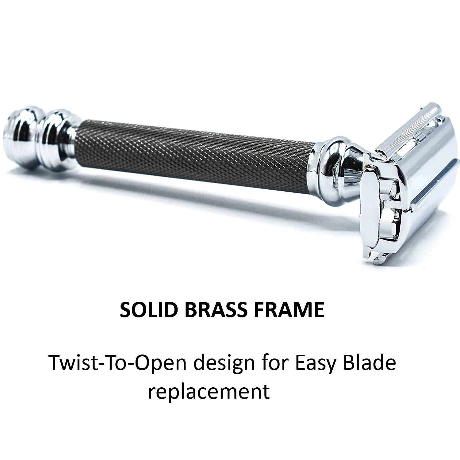 Parker Safety Razor Parker 76R Graphite Gray Long Handle Heavyweight Butterfly Open Double Edge Safety Razor for Men, 5 Parker Platinum Blades