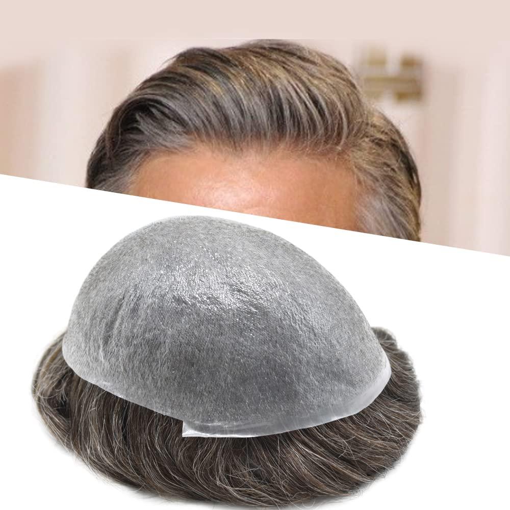 SINGA HAIR Mens Toupee Human Hair Pieces Real Wigs for Mens Hair Systems Replacements 0.06mm V Looped Thin Skin Man Hair Units #330 Dark Brown+30% Gray