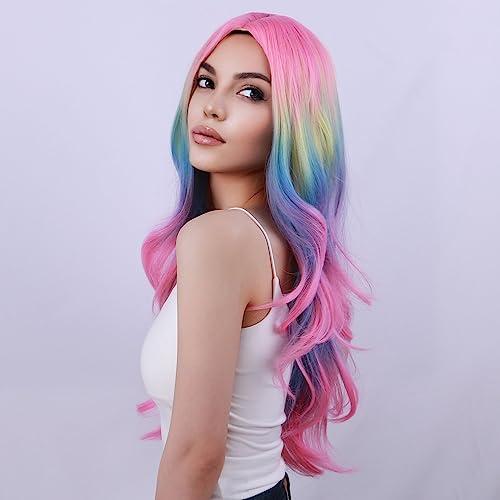 BERON BERON Rainbow Wig Long Wave Wig Colorful Wigs Long Wigs Multi Color Wigs for Women Synthetic Wig for Daily Party Wig Cap Include