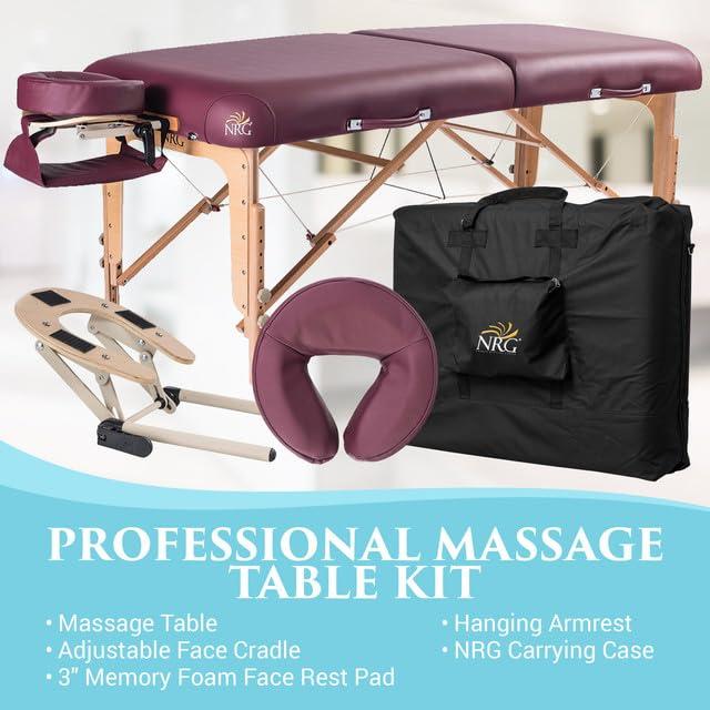 NRG NRG Vedalux Portable Massage Table Package Burgundy - Folding Massage Bed Lightweight Massage Table - Professional Massage Table Spa Bed, Face Cradle, Hanging Armrest, & Carrying Case