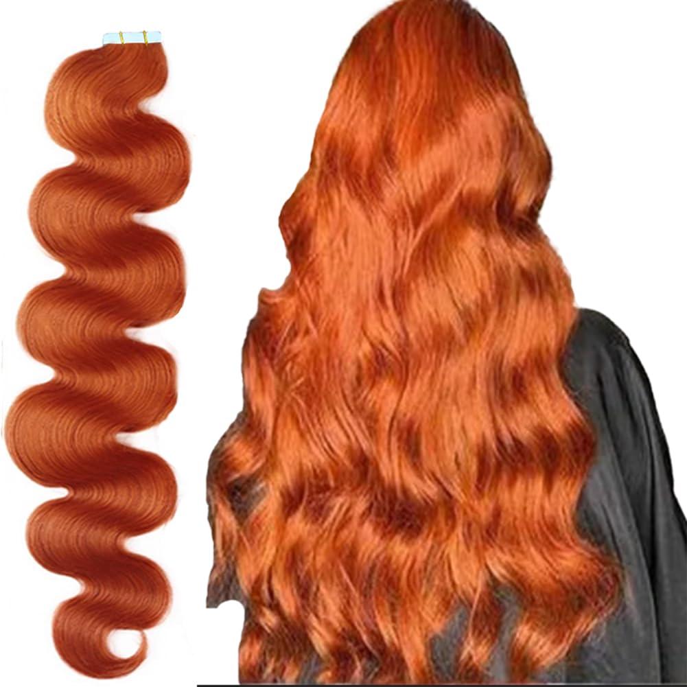 Kiss darling LASHES Ginger Tape in Hair Extensions 24inch 40pcs 100g Real Human Hair Extensions Body Wave Tape in Human Hair Seamless Remy Human Hair Extensions Full Head