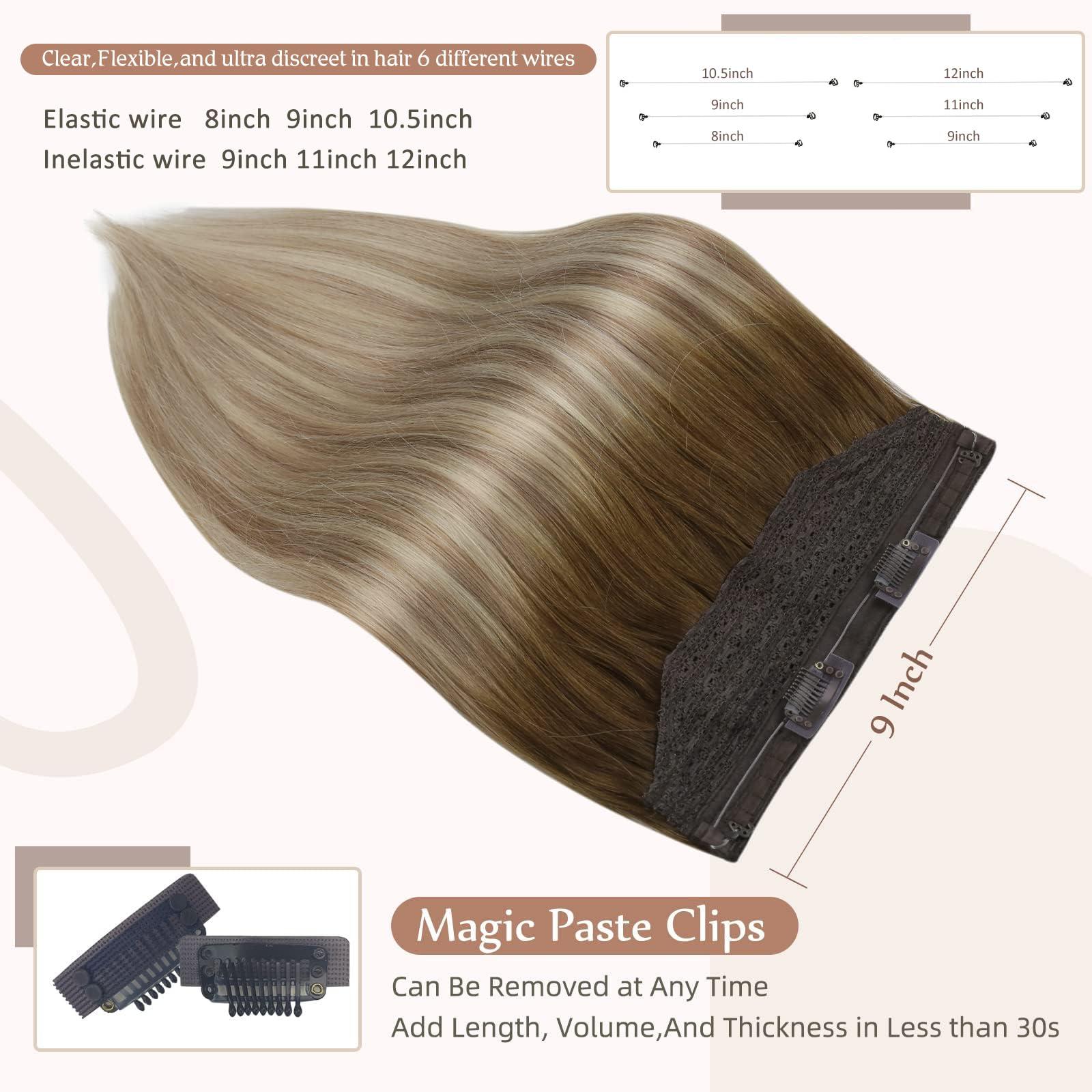 Fshine Fshine Invisible Wire Hair Extensions Real Human Hair 14 Inch Wire Human Hair Extensions Balayage Walnut Brown to Ash Brown and Butter Blonde One Piece Hair Extensions Clip in Human Hair Remy Hair 70g