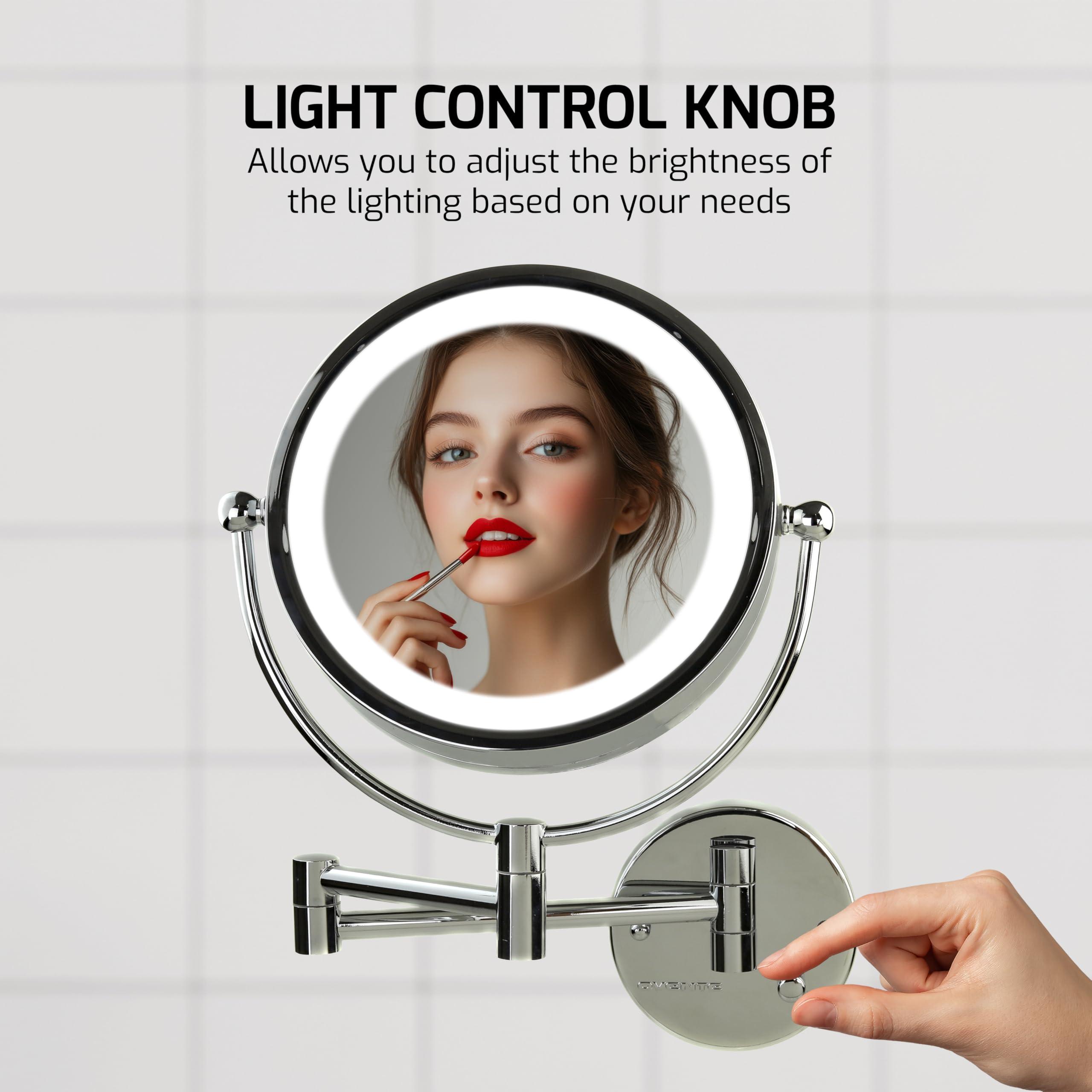 OVENTE OVENTE 9\" Lighted Wall Mount Makeup Mirror with 1X/7X Magnification, Double Sided Magnifying Vanity Mirror, LED Glow Light, 360 Swivel Design, Extendable & Folding Arm, Polished Chrome MPWD3185CH1X7X