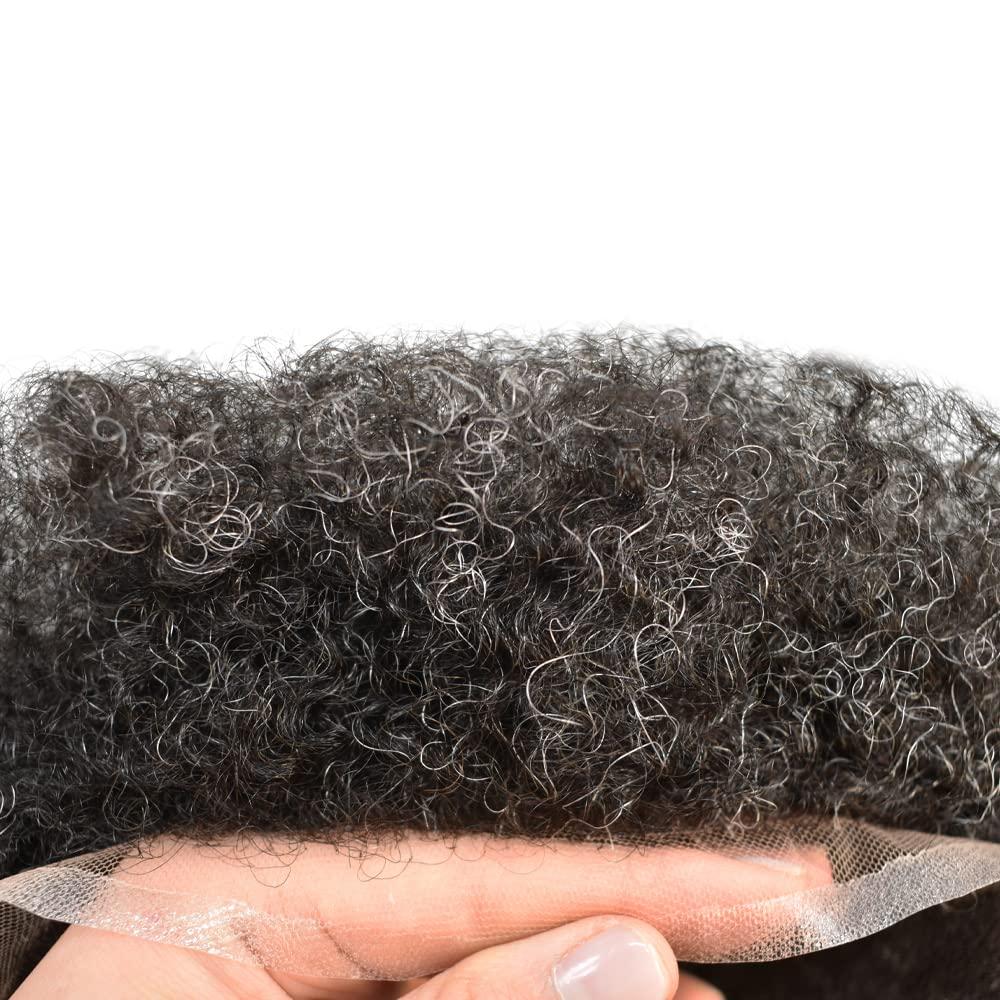 WigVivid WigVivid Lace Front Afro Curl Toupee for Black Men African American Afro Kinky Curly Brazilian Human Hair Unit for Black Men Breathable Afro Mens Toupee 8x10 inch (#1B20 Off Black+20% Gray-6mm wave)
