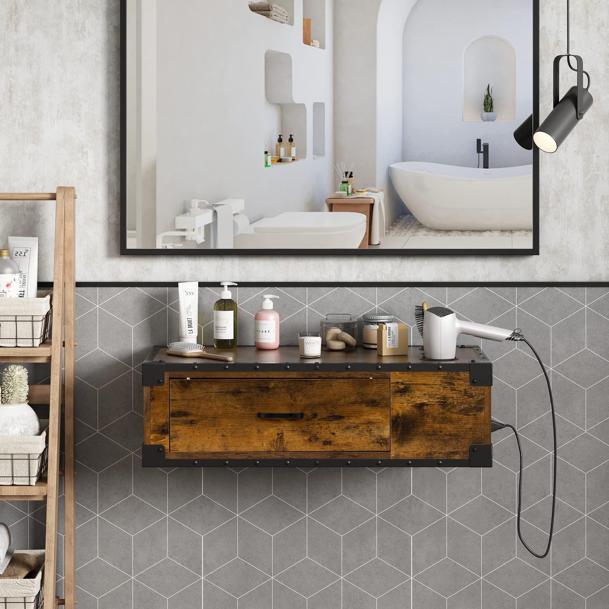 PENNYNANA PENNYNANA Wall Mount Styling Barber Station with Charge Station,Salon Stations with Locked Storage Drawer for Hair Stylist,Rustic Brown