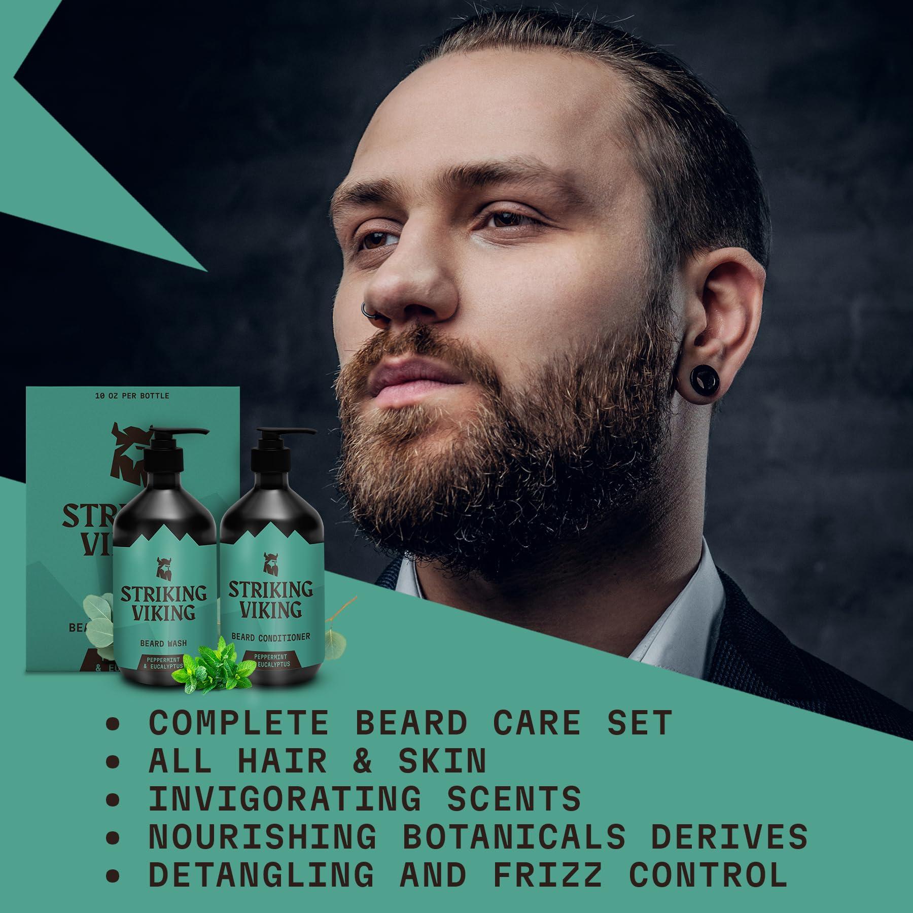 Striking Viking Striking Viking Beard Wash & Conditioner (Peppermint & Eucalyptus) - Paraben & Sulfate Free Beard Shampoo & Conditioner for Men with Jojoba Oil - 10oz Each Bottle