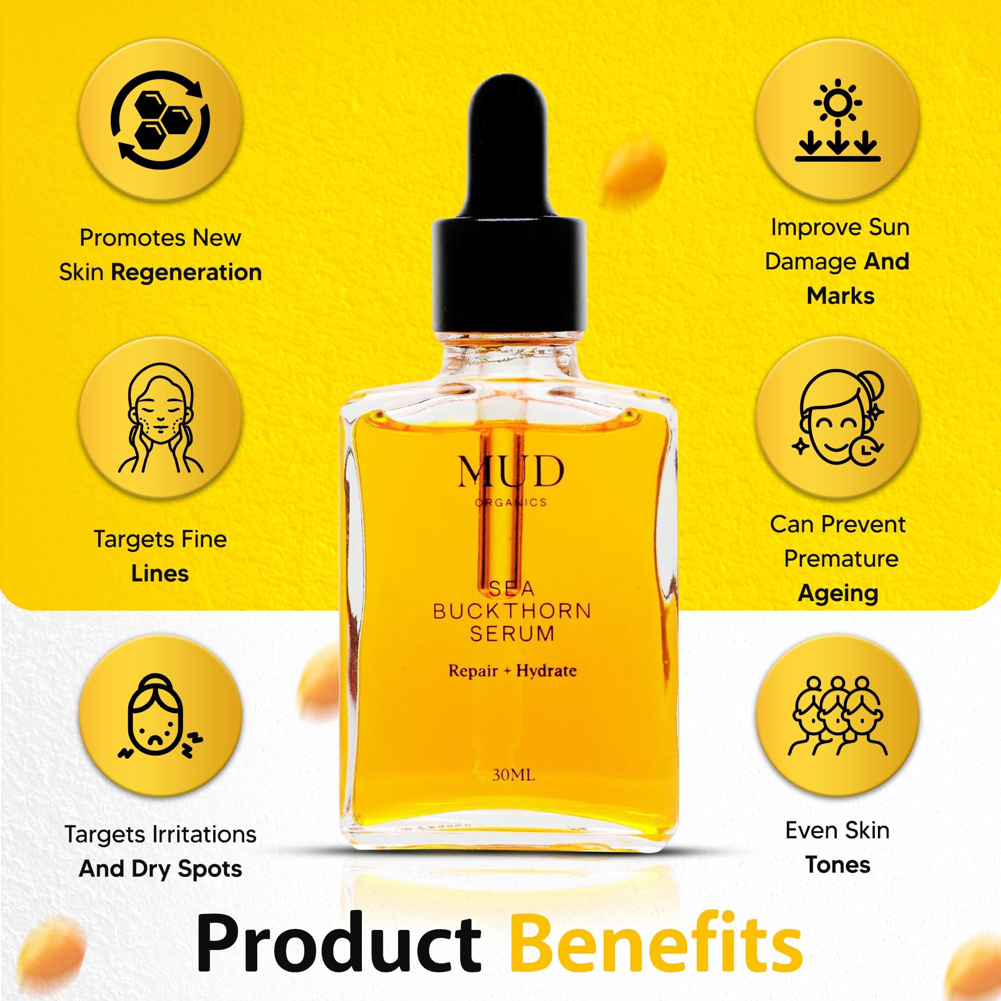 Mudganics Mudganics Sea Buckthorn Oil - Seabuckthorn Oil for Face Skin Care - Cold Pressed Sea Buckthorn Oil Organic-Rich in Omegas 3 6 7 9, Vitamin E, and Antioxidants - Natural Anti-Aging Formula - 1 fl oz