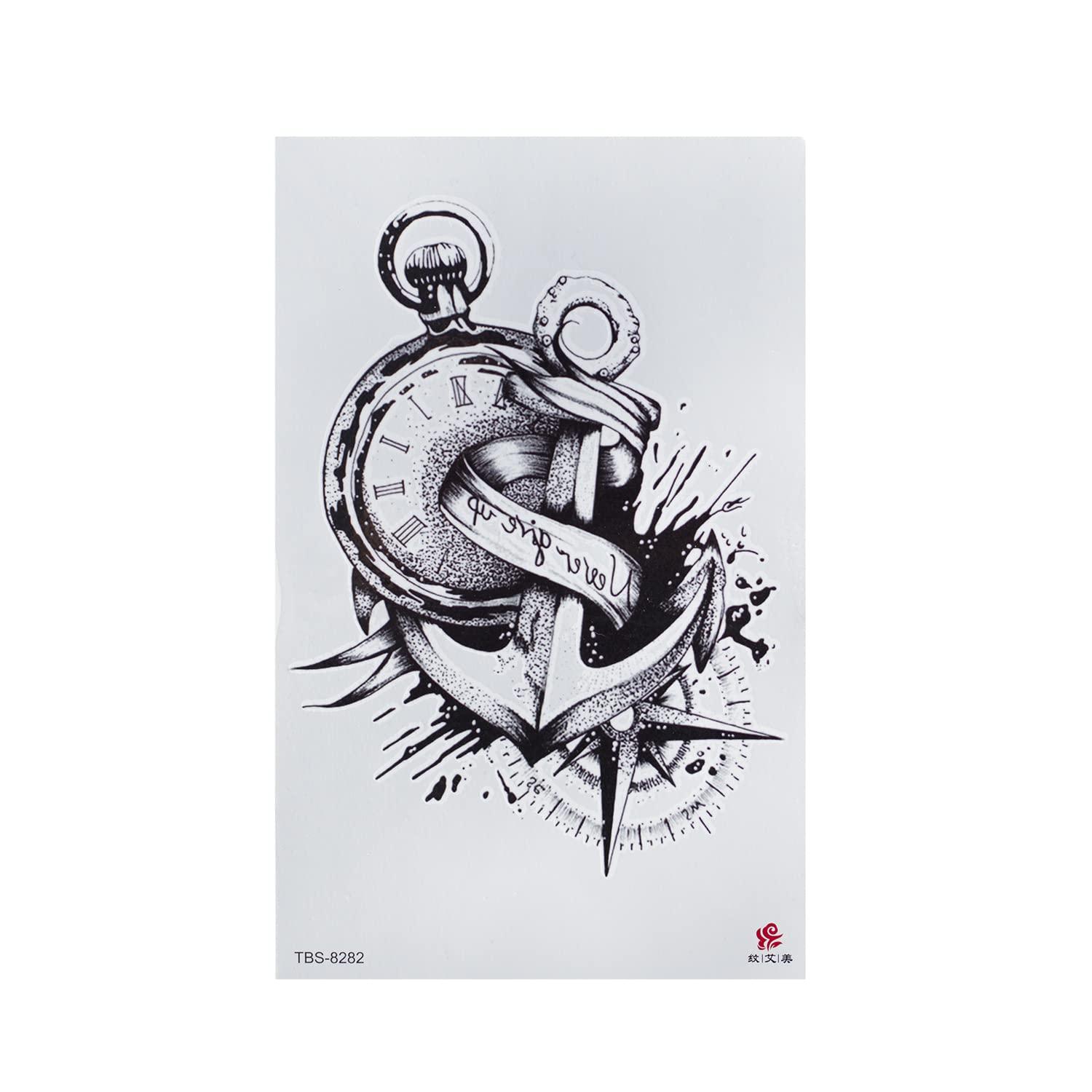 Tattoodrucker Tattoodrucker 2 x XL Anchor Tattoo - Compass, Clock, Lettering - Temporary Body Tattoo - TBS8282 (2), black (Anker-TBS8282-2)