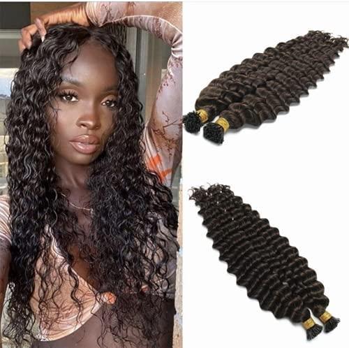 RJ HAIR I Tip Hair 100 Strand Brazilian Wet And Wavy Curly Human Hair Microlinks Keratin I Tips Hair Water Wave (16inch 100Strand, #1(Jet Black))