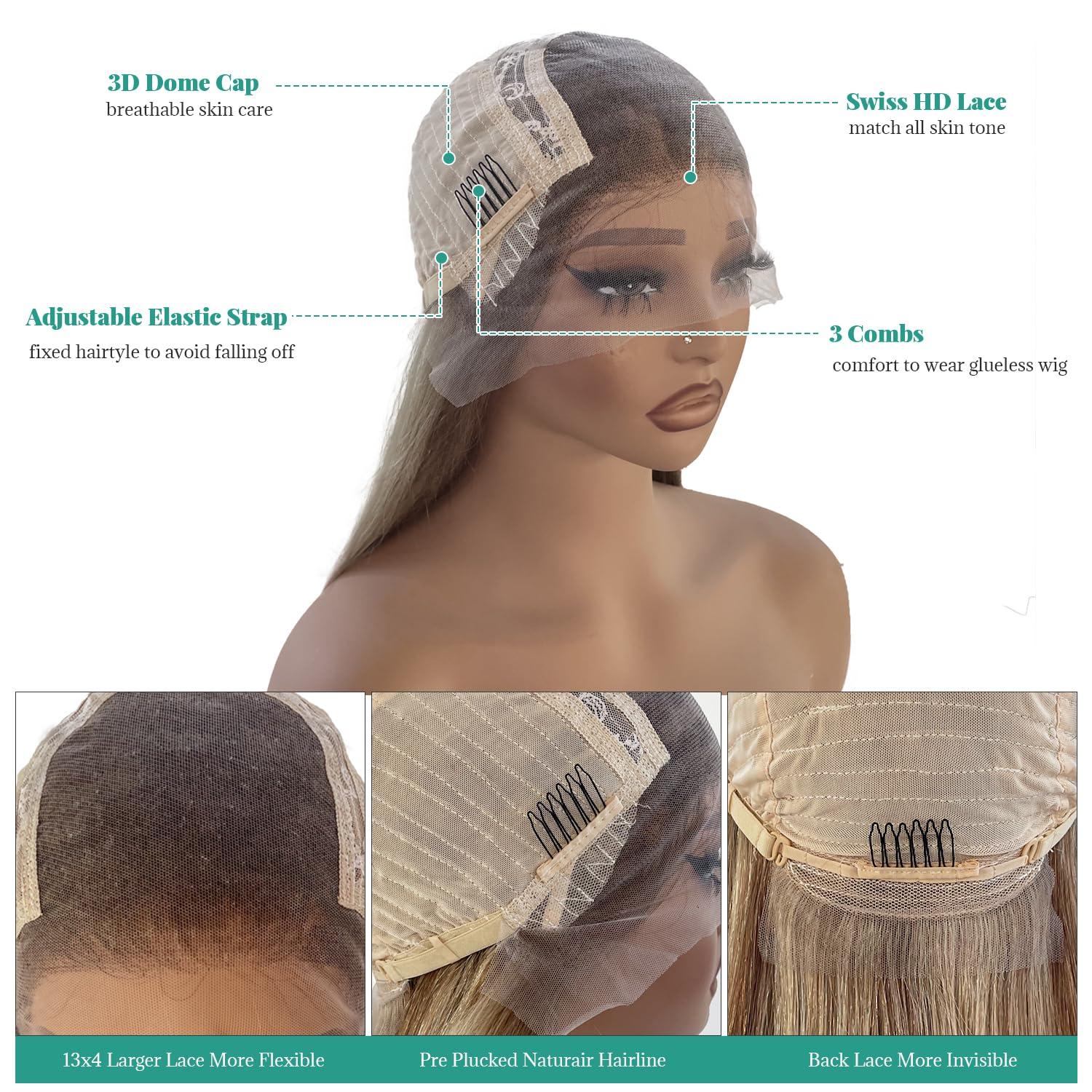 Munx Highlight Straight Lace Front Wigs Human Hair, Pre Plucked Ombre Brown 13x4 HD Transparent Lace Front Wigs Balayage Chestnut Brown Mixed Blonde 180% Density Full Frontal Wigs Long 32in