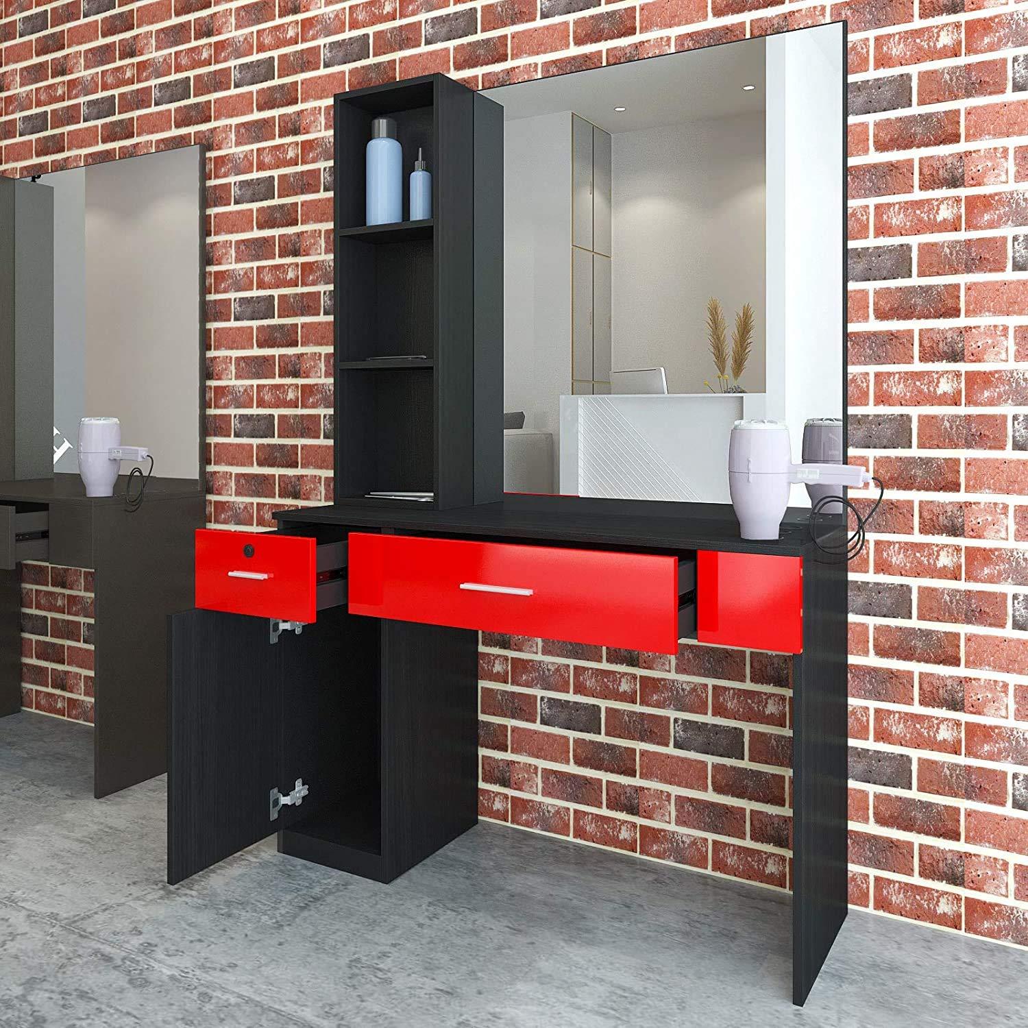 Artist hand Artist hand Wall Mount Salon Station Barber Stations Styling Station Barber Beauty Spa Salon Equipment Set with Mirror,Left Shelf (Black/Red)