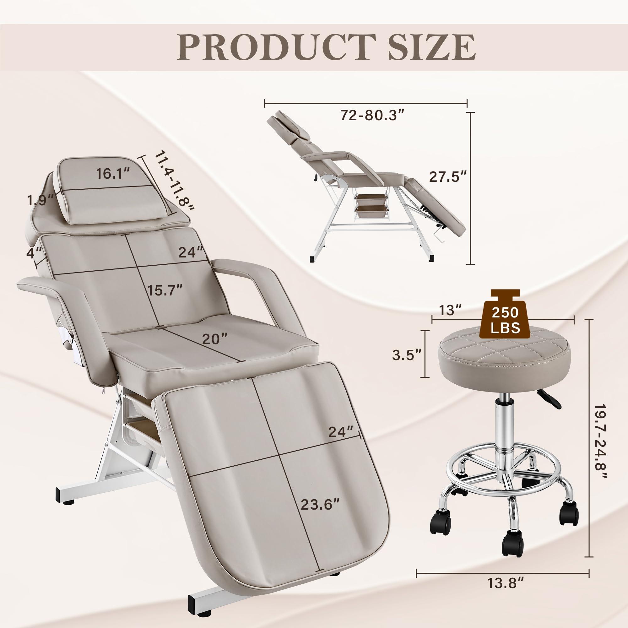 KIIUMI KIIUMI Tattoo Chair for Client, Facial Beds for Esthetician Lash Bed with Extended Head & Rolling Stool, Extensions Tattoo Massage Table for Artist Beaty Spa Salon Equipment with Storage Tray -Grey