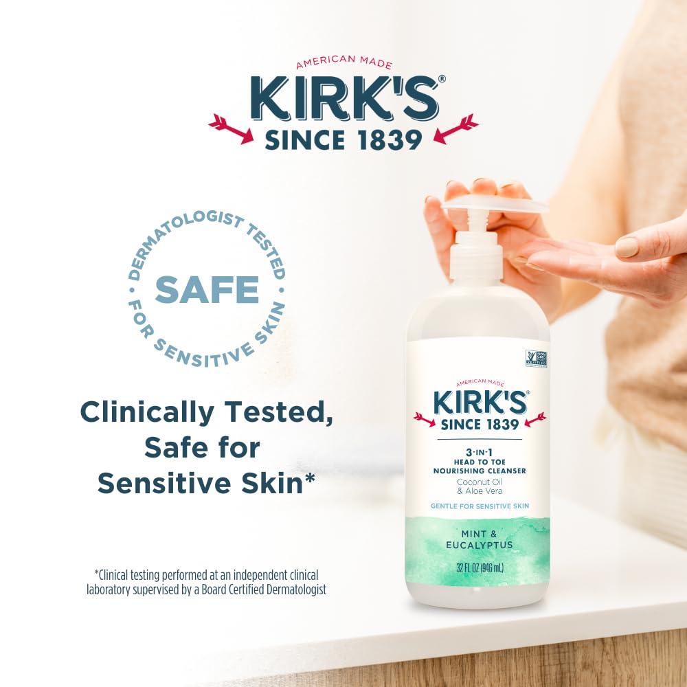 Kirk's Kirk\'s 3-in-1 Head to Toe Nourishing Liquid Cleanser & Travel Size Bar Soap - for Men, Women & Children - Premium Coconut Oil & Aloe Vera- Non GMO & Vegan -Mint & Eucalyptus - 32 Fl Oz