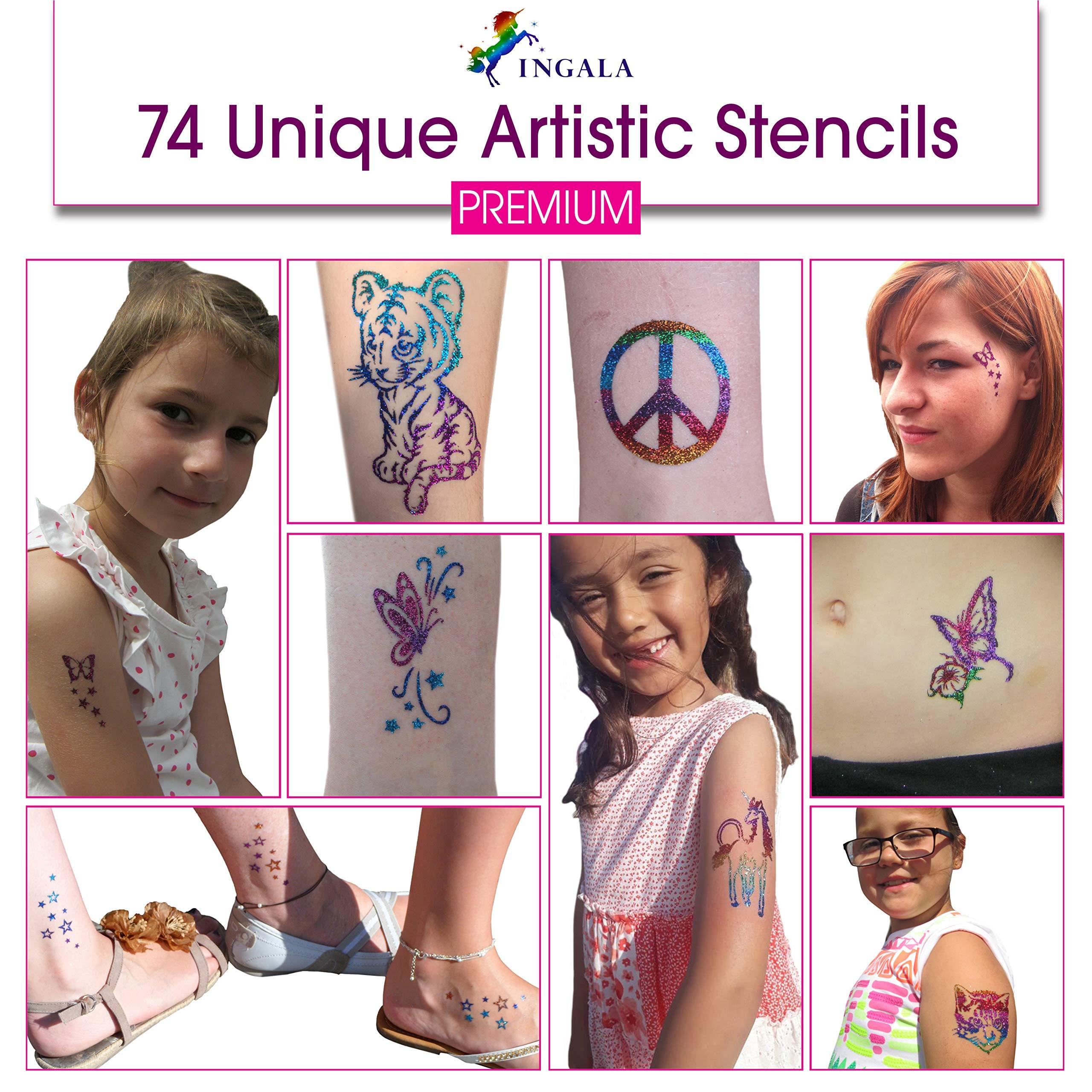INGALA Premium Glitter Temporary Tattoo Kit for Girls, 74 Stencils, 16 Colors and 2X 0.5 fl.oz Body Glue for Body Glitter Fake Tattoos for Kids Makeup Tattoo Supplies Party Favors Party Supplies for Girls