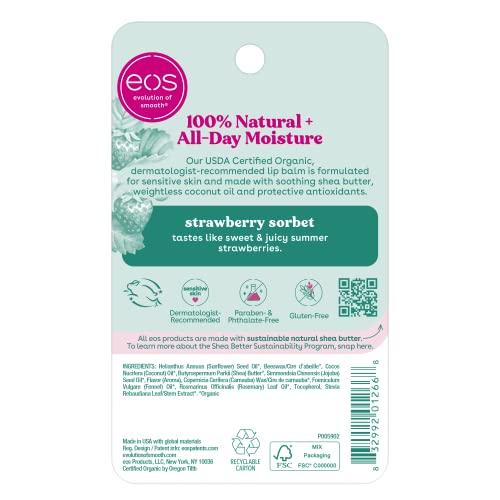 eos eos 100% Natural & Organic Lip Balm- Strawberry Sorbet, Dermatologist Recommended for Sensitive Skin, All-Day Moisture, 0.14 oz, 2 Pack