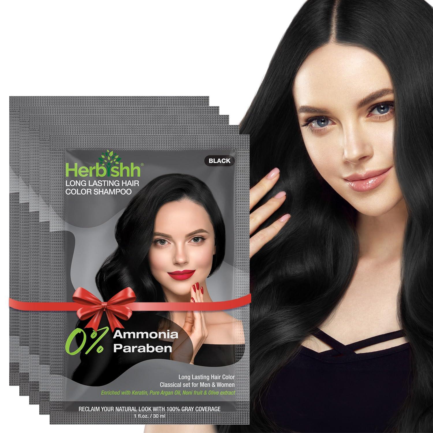Herbishh Herbishh Travel Pack Hair Dye Color Shampoo in Sachet + 1pc Argan Hair Mask Sachet (Black, 5 sachets)