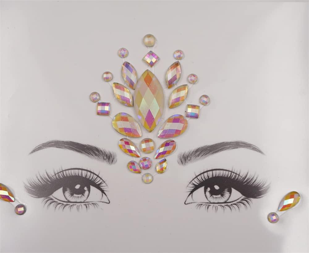 Topz glow in the dark face tattoos face jewels rave makeup face gems temporary tattoo fluorescence face crystals rhinestone sticker for new year pool dance party(tp343 flower)