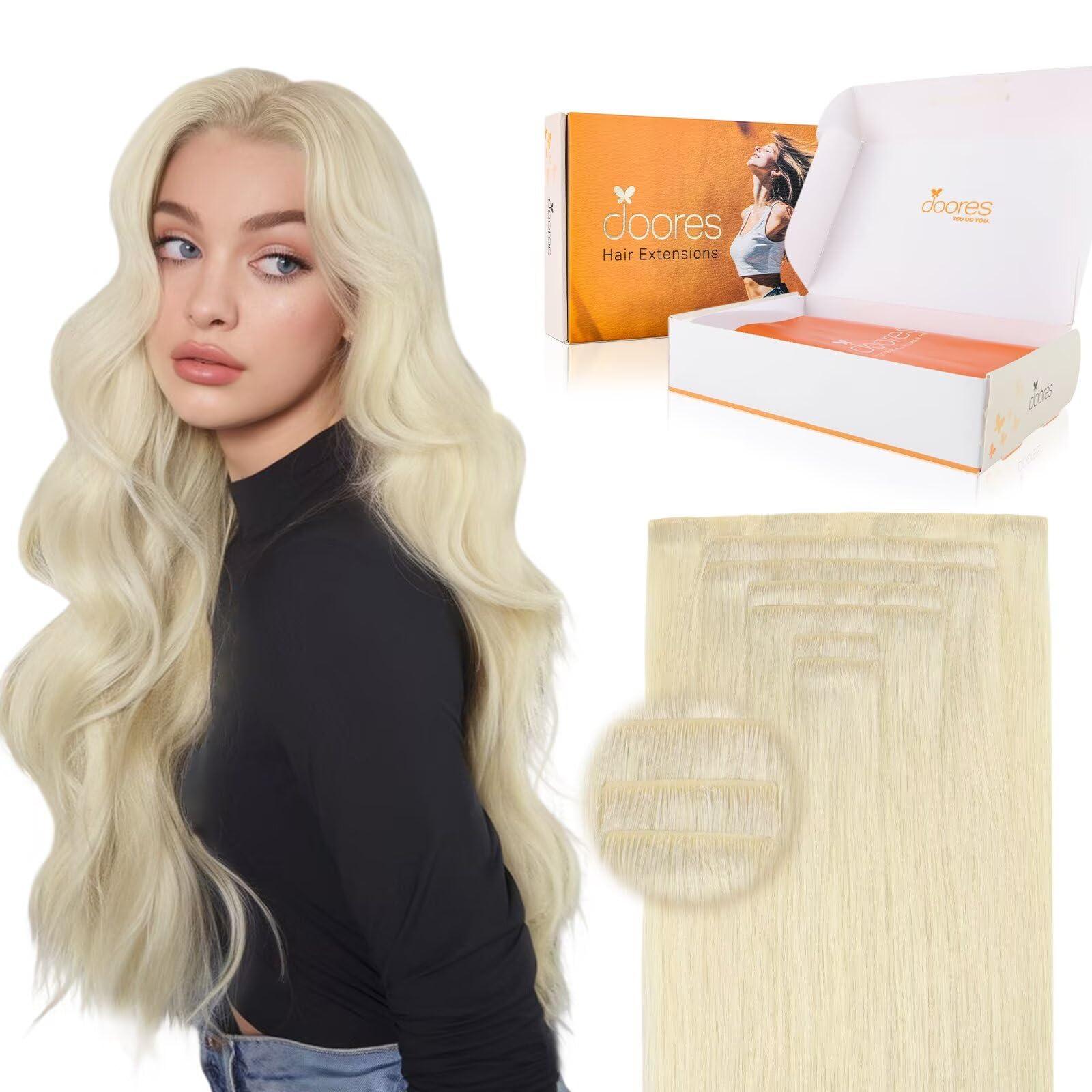 DOORES DOORES Clip in Hair Extensions Human Hair 18 inch 110g 7pcs, Platinum Blonde Virgin Human Hair Clip in Extensions, Invisi Edge Clip in, Silky Straight Human Hair Extensions for Women