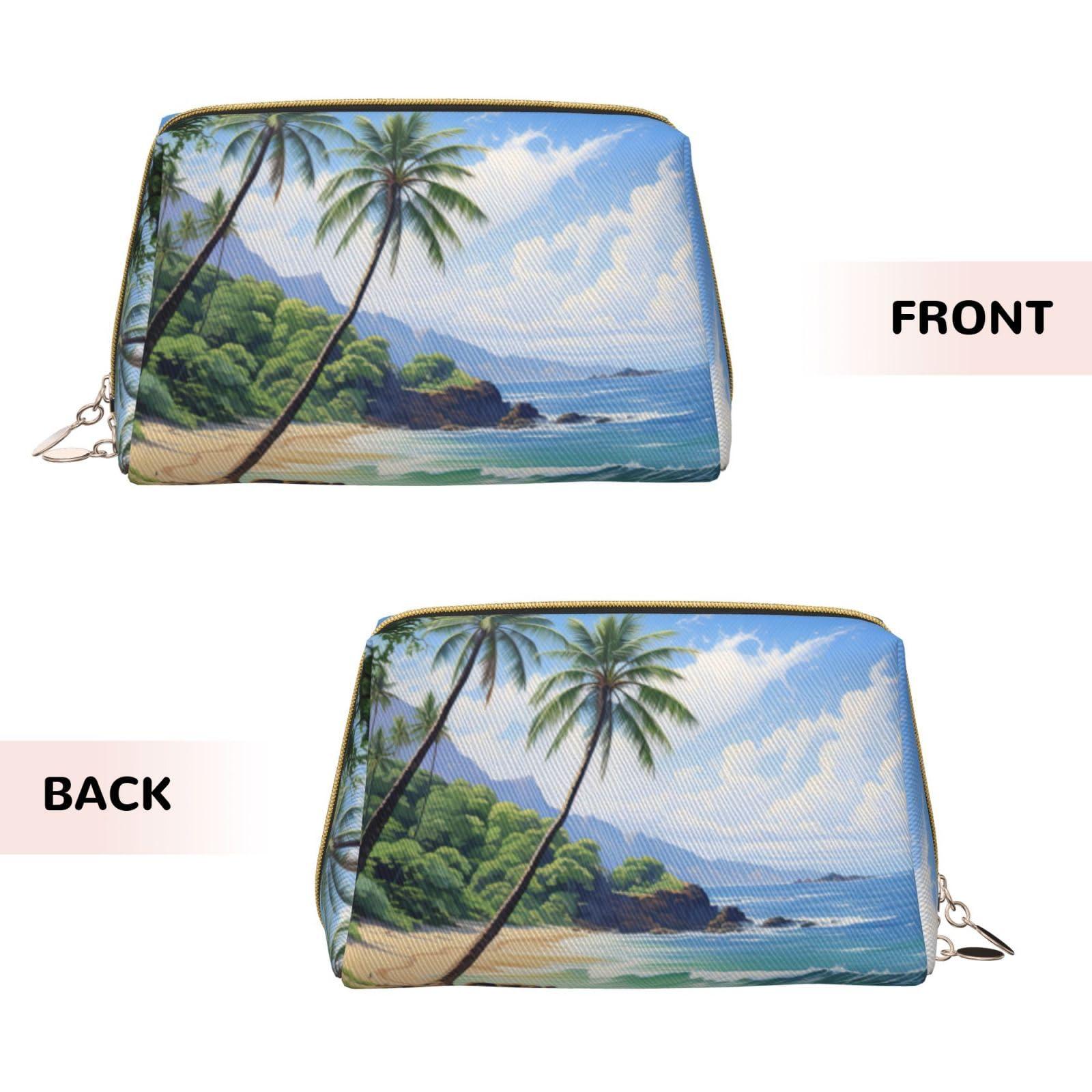 BREAUX BREAUX Hawaiian Beach With Palm Trees Print Organizer, Leather Clutch Zipper Cosmetic Bag, Portable Cosmetic Bag (Large)