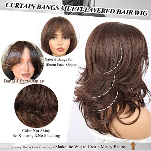 LEOSA LEOSA Dark Brown Wig with Curtain Bangs Layered Wig for Women Brown Hair Wig Shoulder-Length Wavy Wig Long Dark Brown Synthetic Wigs with Bangs for White Women Medium Brown Wig for Daily Party Use